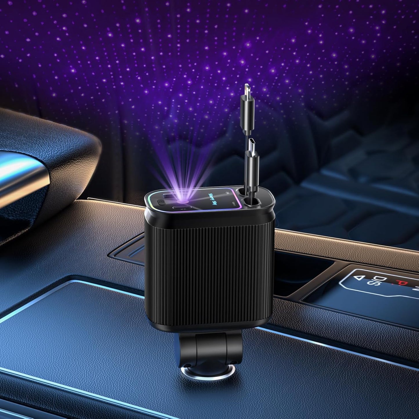Starlight Retractable Car Charger with Retractable Cables, Starlight in Car Roof 4 in 1 Super Fast Car Phone Charger, 2 USB Ports Starry Sky Adapter, Compatible with Iphone 15 14 13
