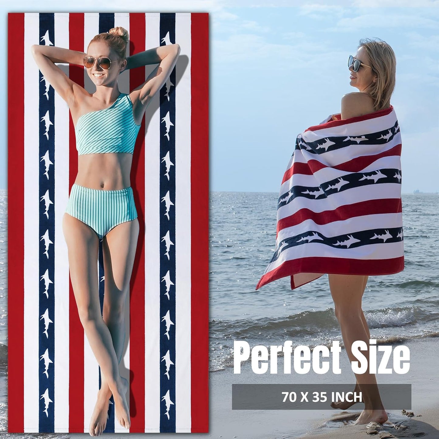 Large Beach Towel Oversized - Cotton Velour 35 X 70 Inch Shark Striped Terry Pool Towel, Cabana Soft Swimming Towel for Adults Women Men (Navy Red)