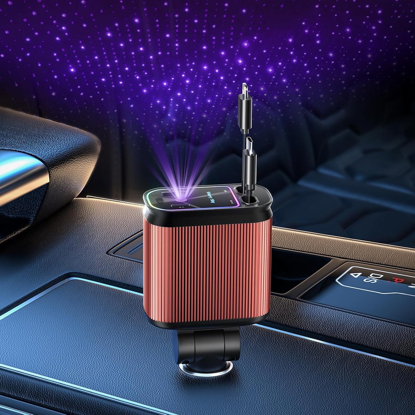 Starlight Retractable Car Charger with Retractable Cables, Starlight in Car Roof 4 in 1 Super Fast Car Phone Charger, 2 USB Ports Starry Sky Adapter, Compatible with Iphone 15 14 13