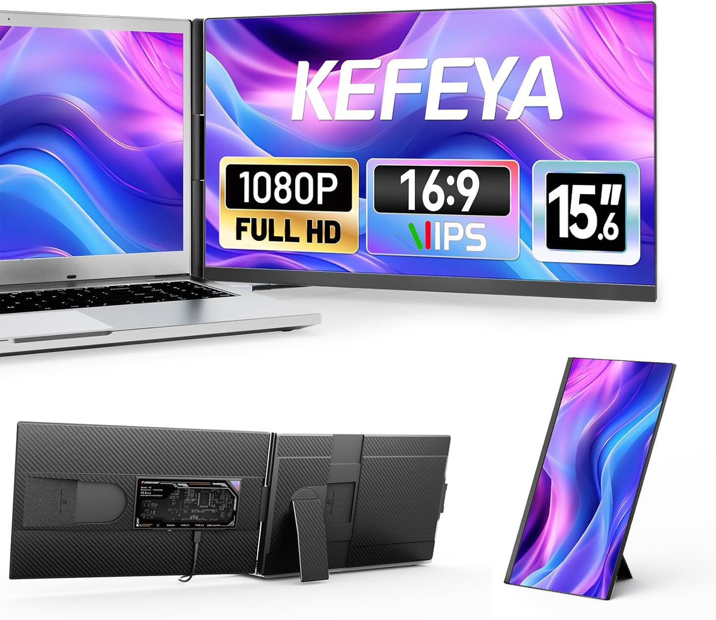 Laptop Screen Extender, 14.2" Portable Triple Monitor for Laptop with Full HD IPS Display, Laptop Extended Monitor Compatible with Mac, Windows, Chrome, Fits 13-17 Inch Laptops