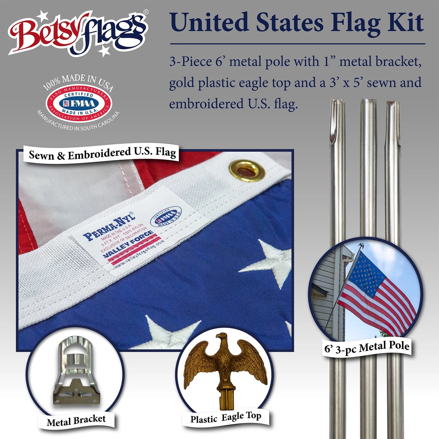 6 Ft. Steel Flagpole American Flag Kit, Sewn Nylon Flag, Grommeted, Silver