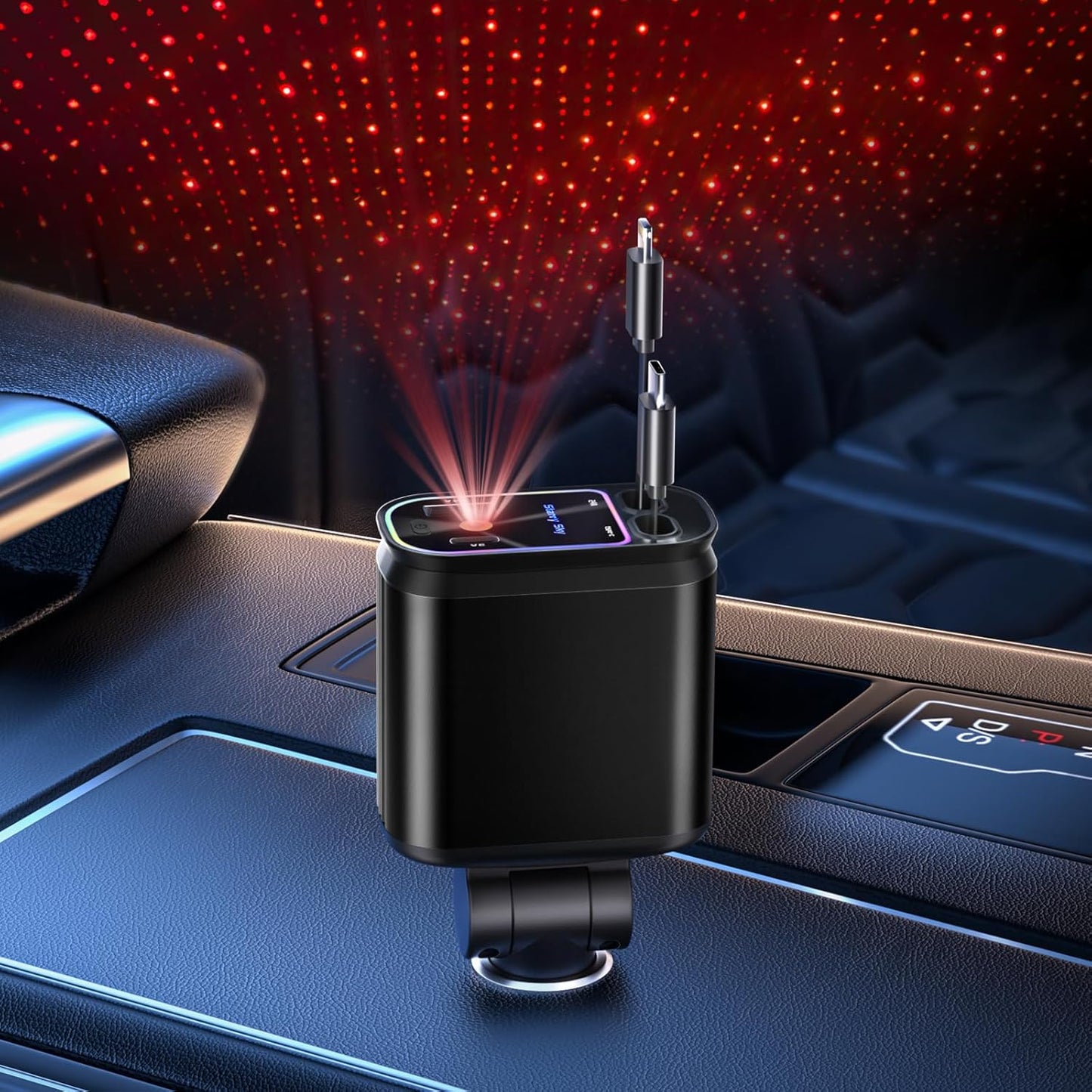 Starlight Retractable Car Charger with Retractable Cables, Starlight in Car Roof 4 in 1 Super Fast Car Phone Charger, 2 USB Ports Starry Sky Adapter, Compatible with Iphone 15 14 13
