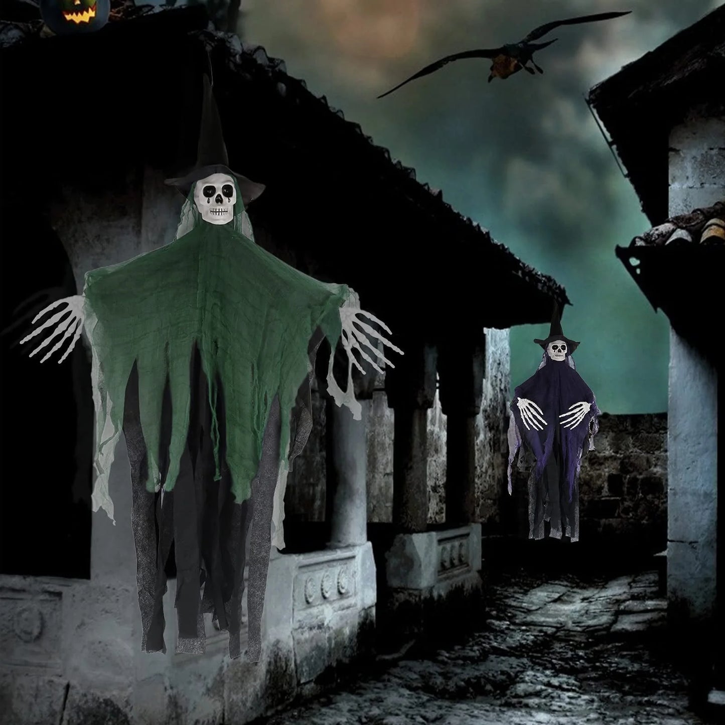 Halloween Hanging Ghost, 32 X 40 Inch Hanging Halloween Skeleton Ghosts Decorations, Grim Reapers for Best Halloween Outdoor Decorations, Green