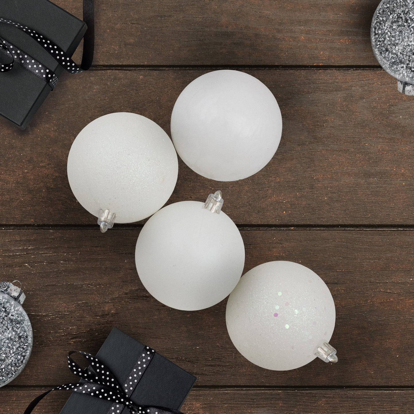 12Ct Shatterproof 4-Finish Christmas Ball Ornament Set 4" - White