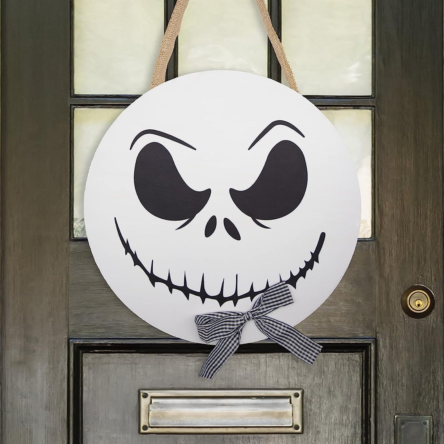 Halloween Decorations - 12'' Wooden Jack Skellington Door Hanger - Halloween Welcome Sign for Front Door - Halloween Wreath - Farmhouse Halloween Decor