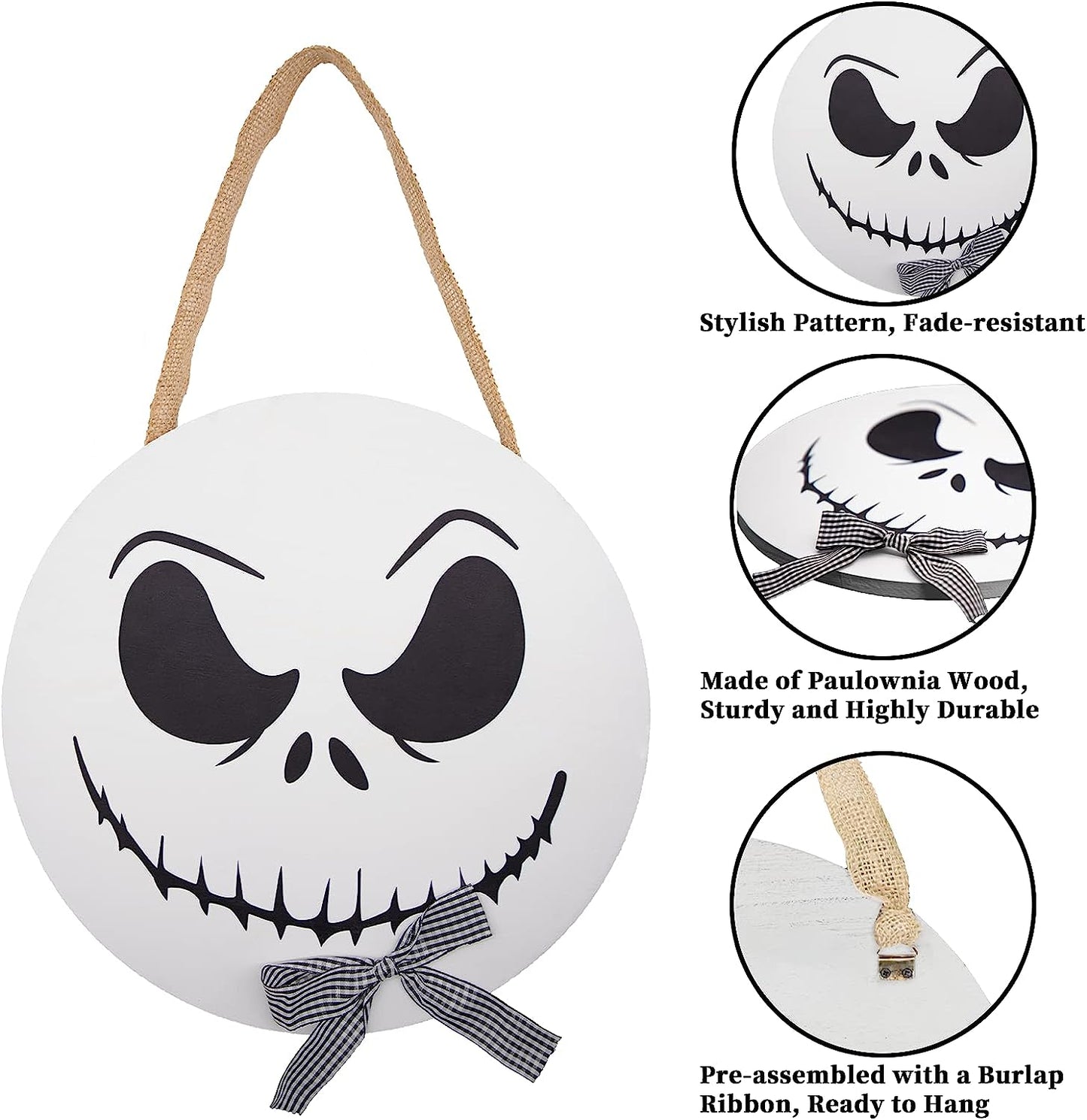 Halloween Decorations - 12'' Wooden Jack Skellington Door Hanger - Halloween Welcome Sign for Front Door - Halloween Wreath - Farmhouse Halloween Decor