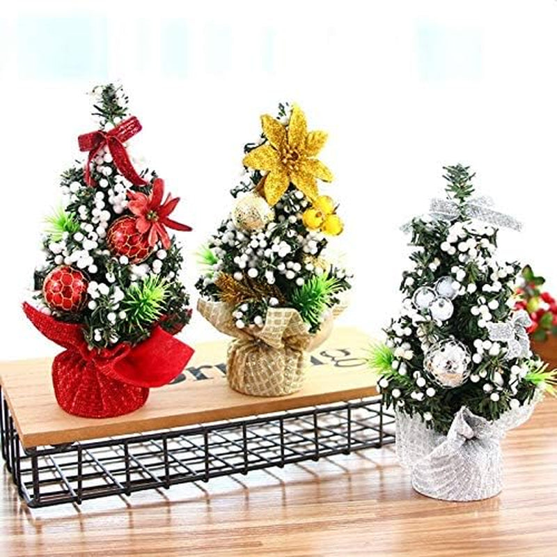 Mini Christmas Tree Tabletop Decorations Christmas Home Decor Artificial Berries Pine Branches Christmas Party Ornaments (3Pcs Silver Christmas Tree)