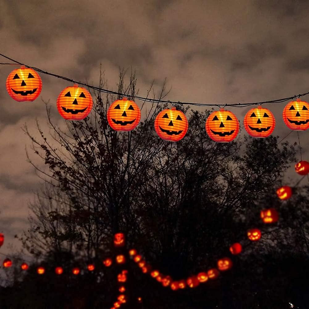 Halloween Pumpkin Lantern String Lights, 8.5Ft Orange Lights with 10 Mini Jack-O-Lanterns, Plug-In Outdoor Decor for Party