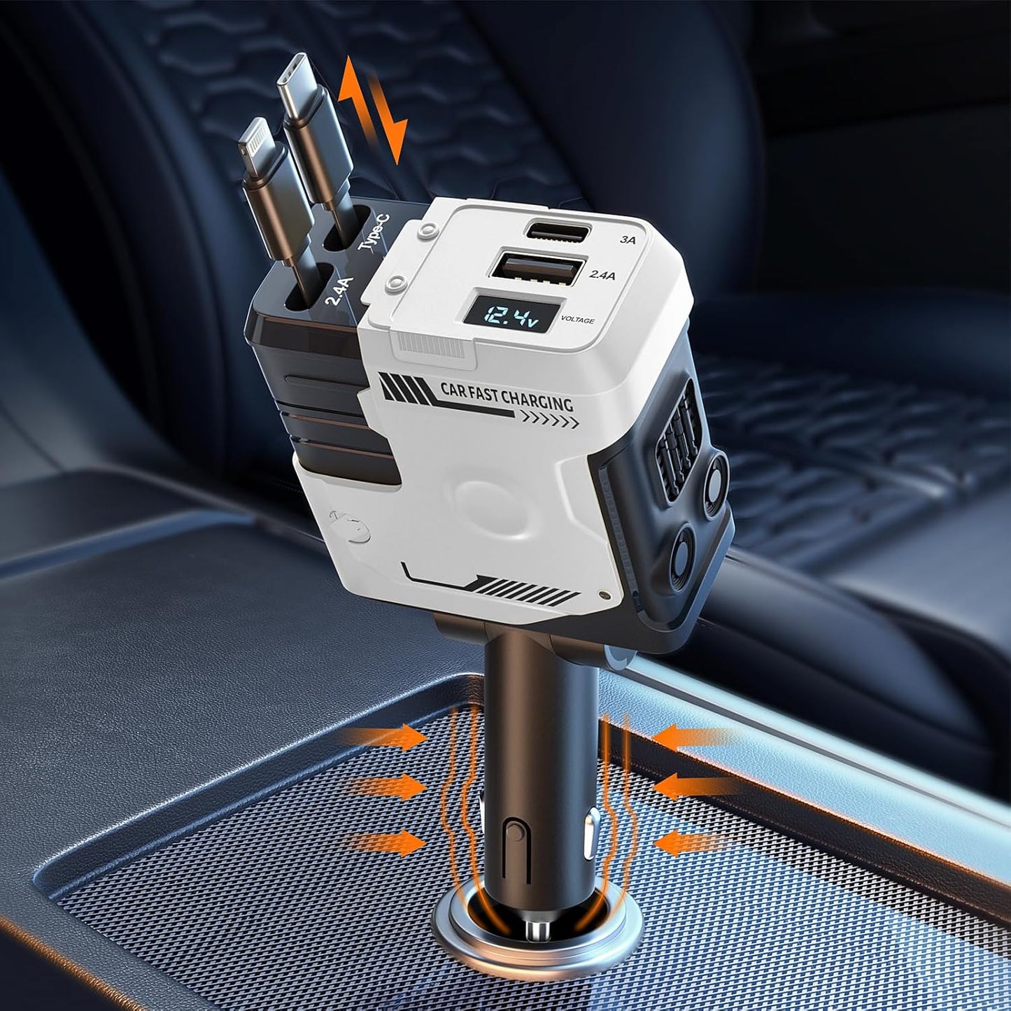 Starlight Retractable Car Charger with Retractable Cables, Starlight in Car Roof 4 in 1 Super Fast Car Phone Charger, 2 USB Ports Starry Sky Adapter, Compatible with Iphone 15 14 13