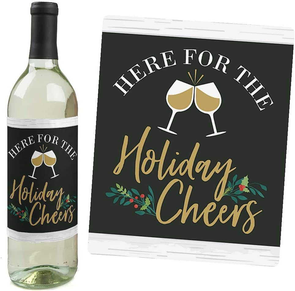 Rustic Merry Friendsmas Gifts for Women and Men - Christmas or Holiday Wine Bottle Label Stickers - Set of 4