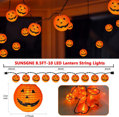 Halloween Pumpkin Lantern String Lights, 8.5Ft Orange Lights with 10 Mini Jack-O-Lanterns, Plug-In Outdoor Decor for Party