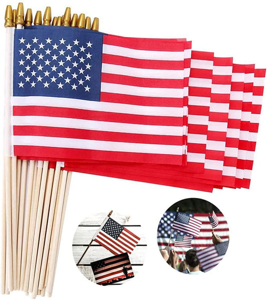 Small American Flags on Stick 5X8 Inch/12 Pack - Mini Ameirican Flags/Handheld American Wooden Stick Flag with Safe Spear Top for July 4Th Decoration, Veteran Party, Etc.
