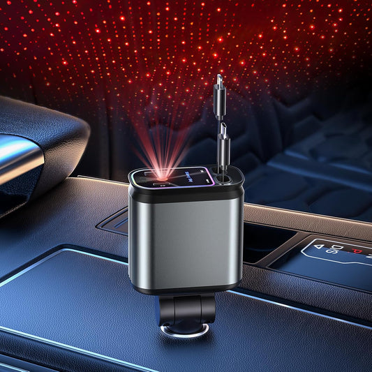 Starlight Retractable Car Charger with Retractable Cables, Starlight in Car Roof 4 in 1 Super Fast Car Phone Charger, 2 USB Ports Starry Sky Adapter, Compatible with Iphone 15 14 13