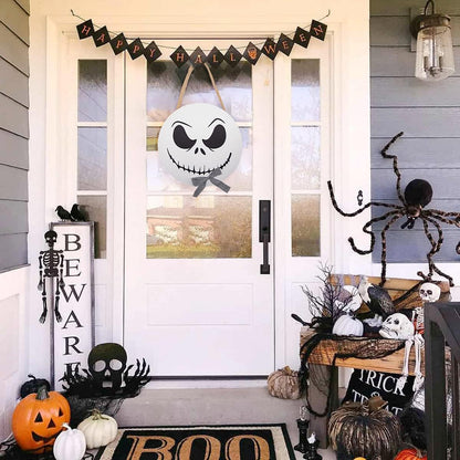 Halloween Decorations - 12'' Wooden Jack Skellington Door Hanger - Halloween Welcome Sign for Front Door - Halloween Wreath - Farmhouse Halloween Decor