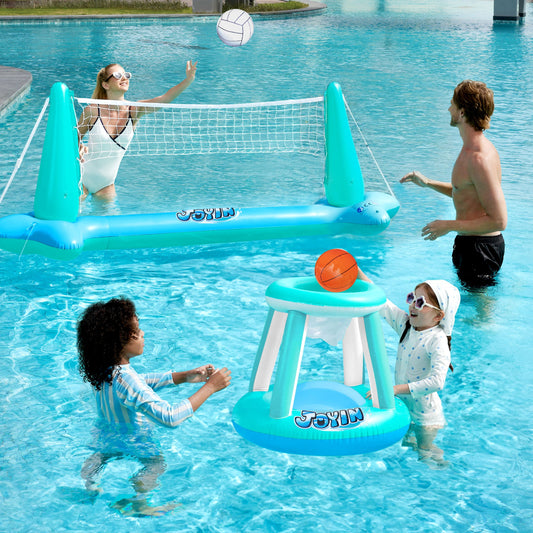 Inflatable Pool Float Set Pool Volleyball Net & Basketball Hoops, Summer Pool Toys for Kids and Pool Game Adults - Blue