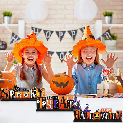3Pcs Halloween Wooden Table Centerpieces Signs, Halloween Decorations Indoor Table Decor for Halloween Party Supplies, Orange