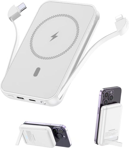 For Magnetic Power Bank, 6800Mah Wireless Portable Charger with PD30W Fast Charging, Battery Pack Built-In 2 Output Cables for Iphone 15/14/13/12 Series(Black)