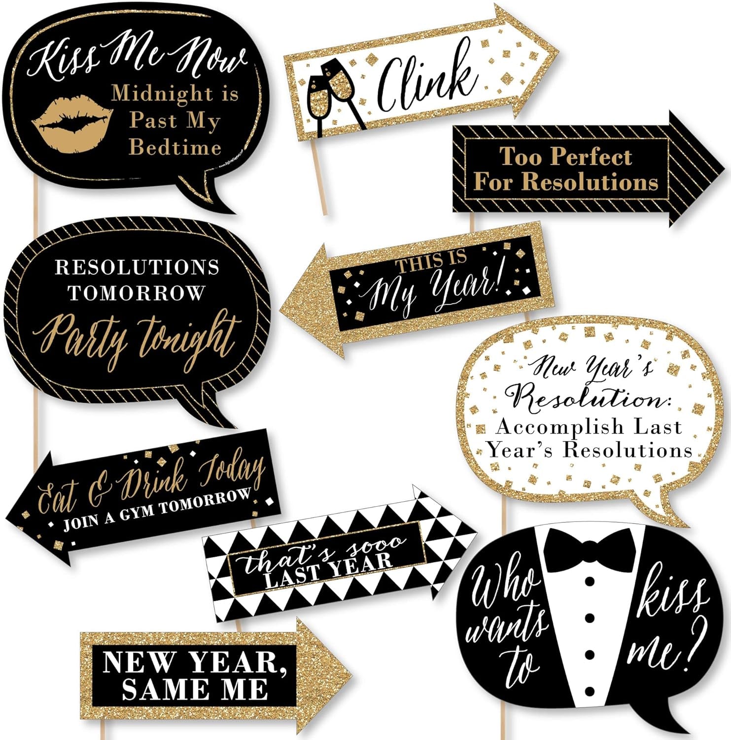 Funny New Year'S Eve Photo Booth Props Kit, 10-Piece, Black & Gold, Cardstock & Wood