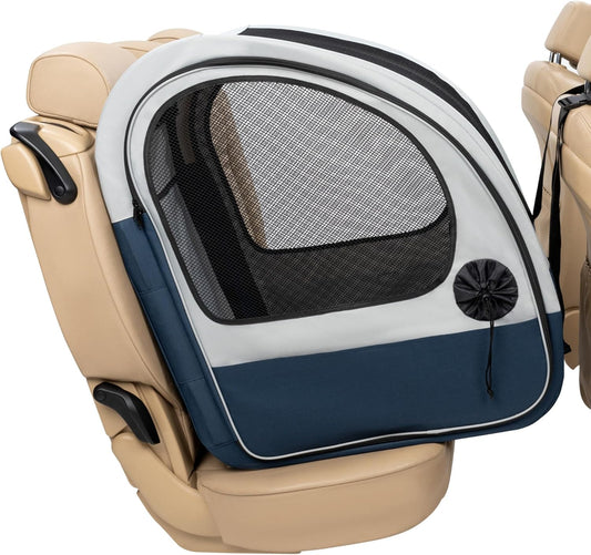 Portable Pet Crate for Car, Aluminum Frame Dog Crate, Folds down for Storage, Secures with Headrest Strap and Seatbelt, Pet Travel (Gray/Blue)