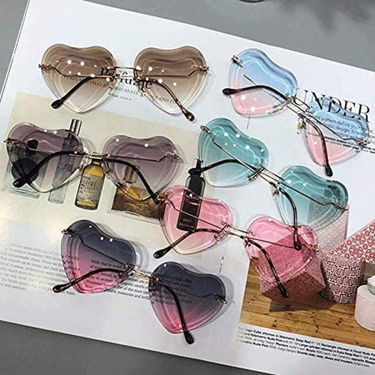 Pink Heart Sunglasses for Women Rimless Heart Shaped Glasses Clear Love Frame Fun for Taylor Valentines Bachelorette Party Rave Festival Accessory