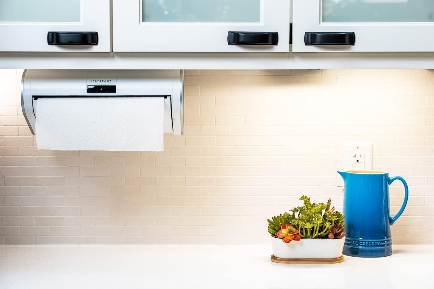 Automatic Paper Towel Dispenser. Touchless Technology. Works with Most Paper Towel Brands and Sizes. Dispenses the Number of Sheets You Need. White, under Cabinet Mounted.