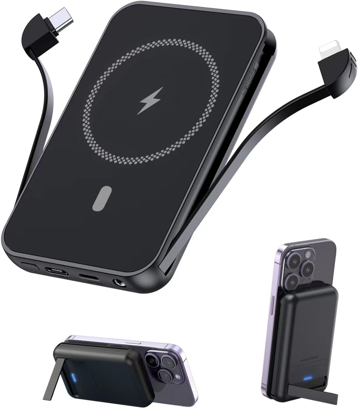 For Magnetic Power Bank, 6800Mah Wireless Portable Charger with PD30W Fast Charging, Battery Pack Built-In 2 Output Cables for Iphone 15/14/13/12 Series(Black)
