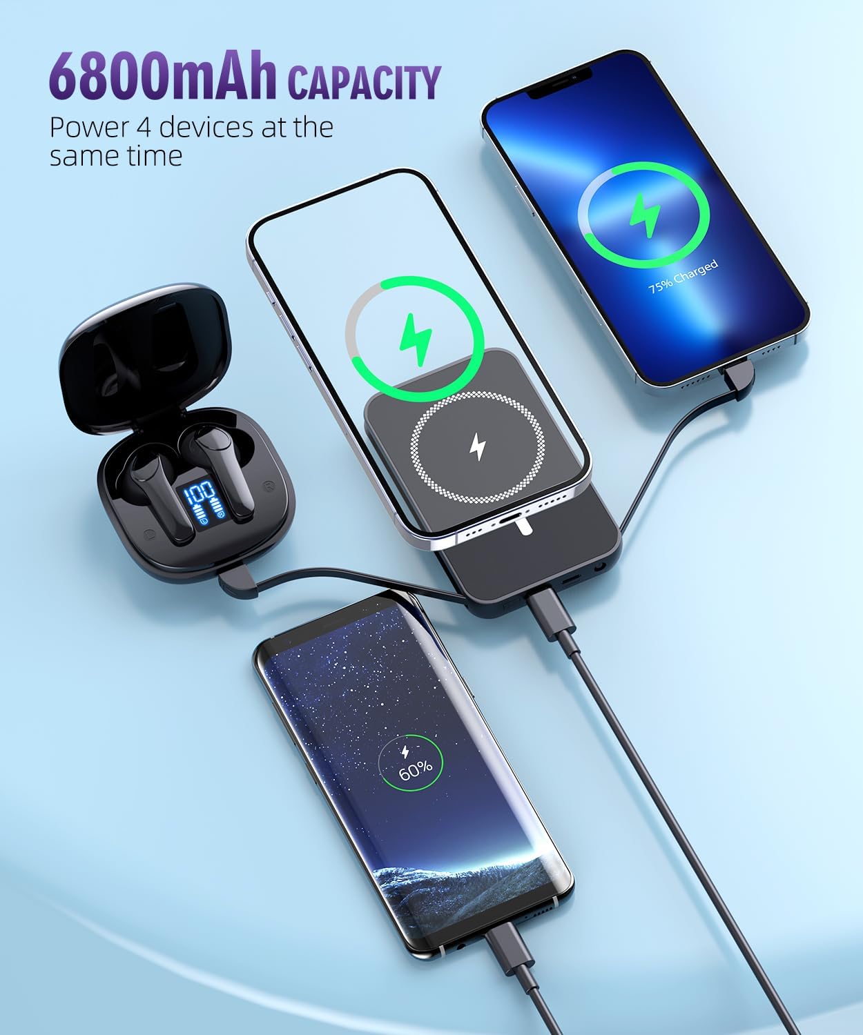 For Magnetic Power Bank, 6800Mah Wireless Portable Charger with PD30W Fast Charging, Battery Pack Built-In 2 Output Cables for Iphone 15/14/13/12 Series(Black)