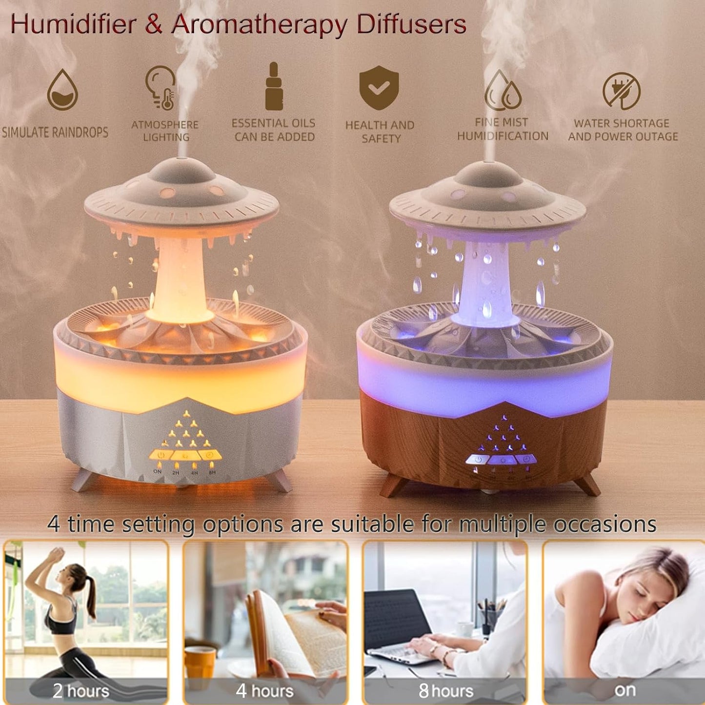 Raindrop Humidifiers for Bedroom -Essential Oil Diffuser with 7 Colors LED Lights,Air Humidifiers,Cool Mist Humidifier with 4 Timers,Vaporizers for Nursery,Family,Bedroom and Office(No Remote Control)