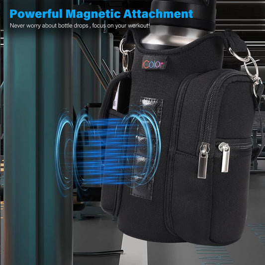 Magnetic Gym Bag Water Bottle Carrier Holder with Phone Pockets & Shoulder Strap,5 Built-In Magnets Gym Bottle Pouch Sleeve,Magnetic Bag Gym Accessories Organizer for Men Women