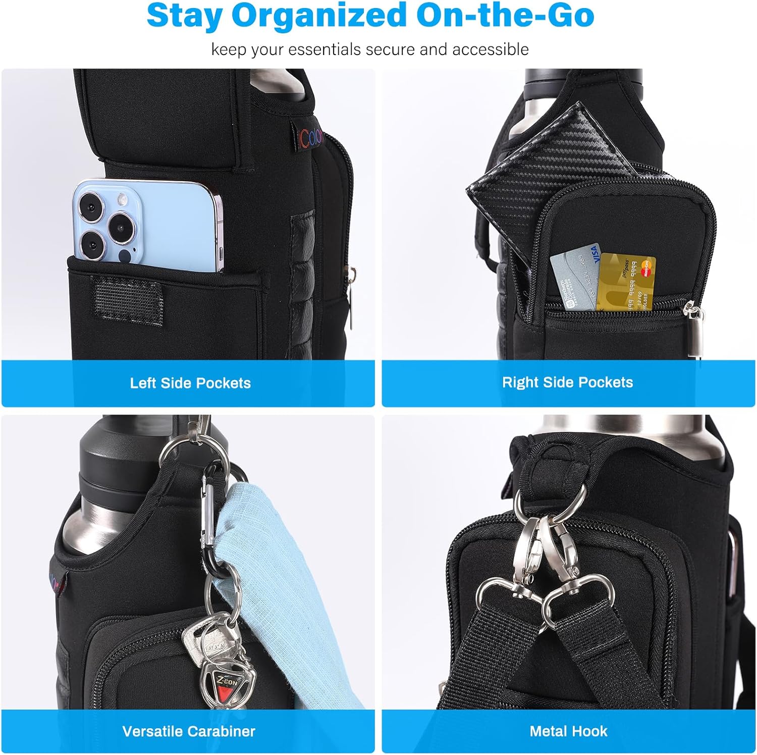 Magnetic Gym Bag Water Bottle Carrier Holder with Phone Pockets & Shoulder Strap,5 Built-In Magnets Gym Bottle Pouch Sleeve,Magnetic Bag Gym Accessories Organizer for Men Women