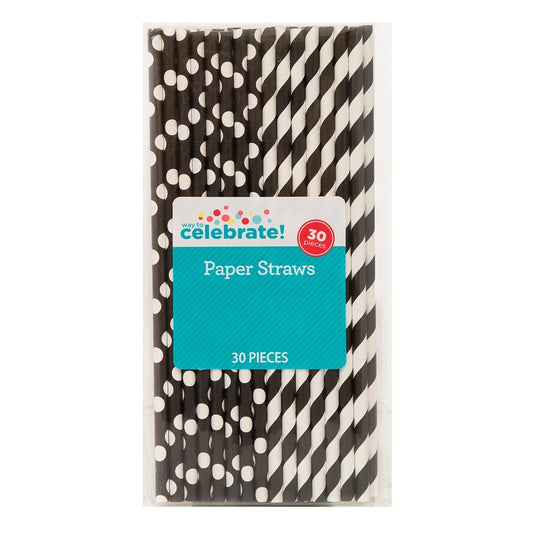 ! Black Polka Dot & Striped Paper Straws, 30Ct