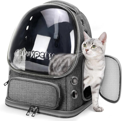 Cat Backpack Carrier, Breathable Cat Carrier Large Space Bubble Pet Backpack for Kitty Small Dog up to 15Lbs, Transparent & Foldable Pet Carrier for Travel Hiking