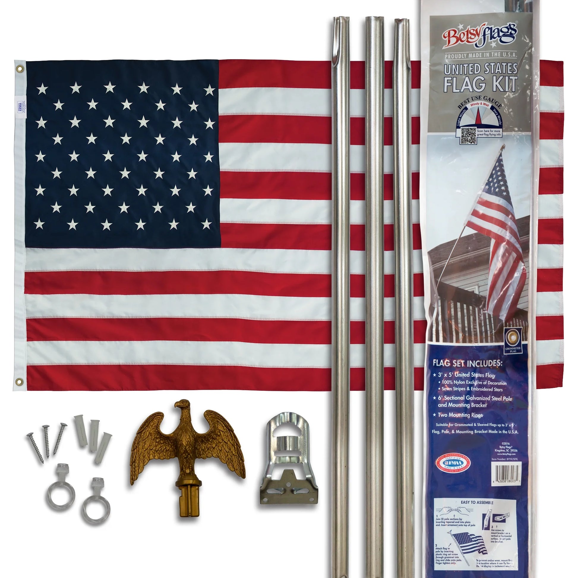 6 Ft. Steel Flagpole  American Flag Kit, Sewn Nylon Flag, Grommeted, Silver