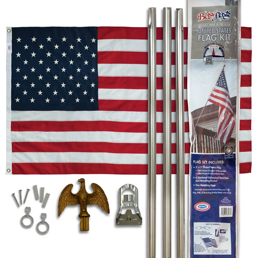 6 Ft. Steel Flagpole  American Flag Kit, Sewn Nylon Flag, Grommeted, Silver