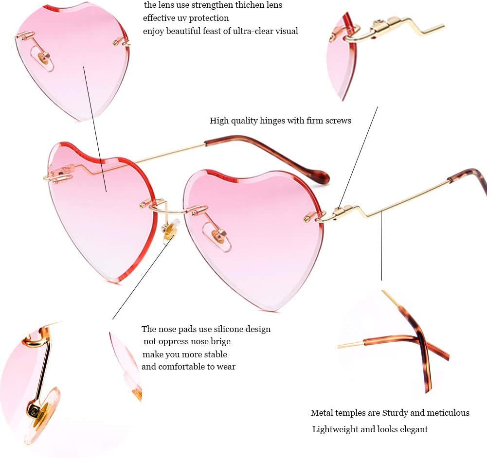 Pink Heart Sunglasses for Women Rimless Heart Shaped Glasses Clear Love Frame Fun for Taylor Valentines Bachelorette Party Rave Festival Accessory