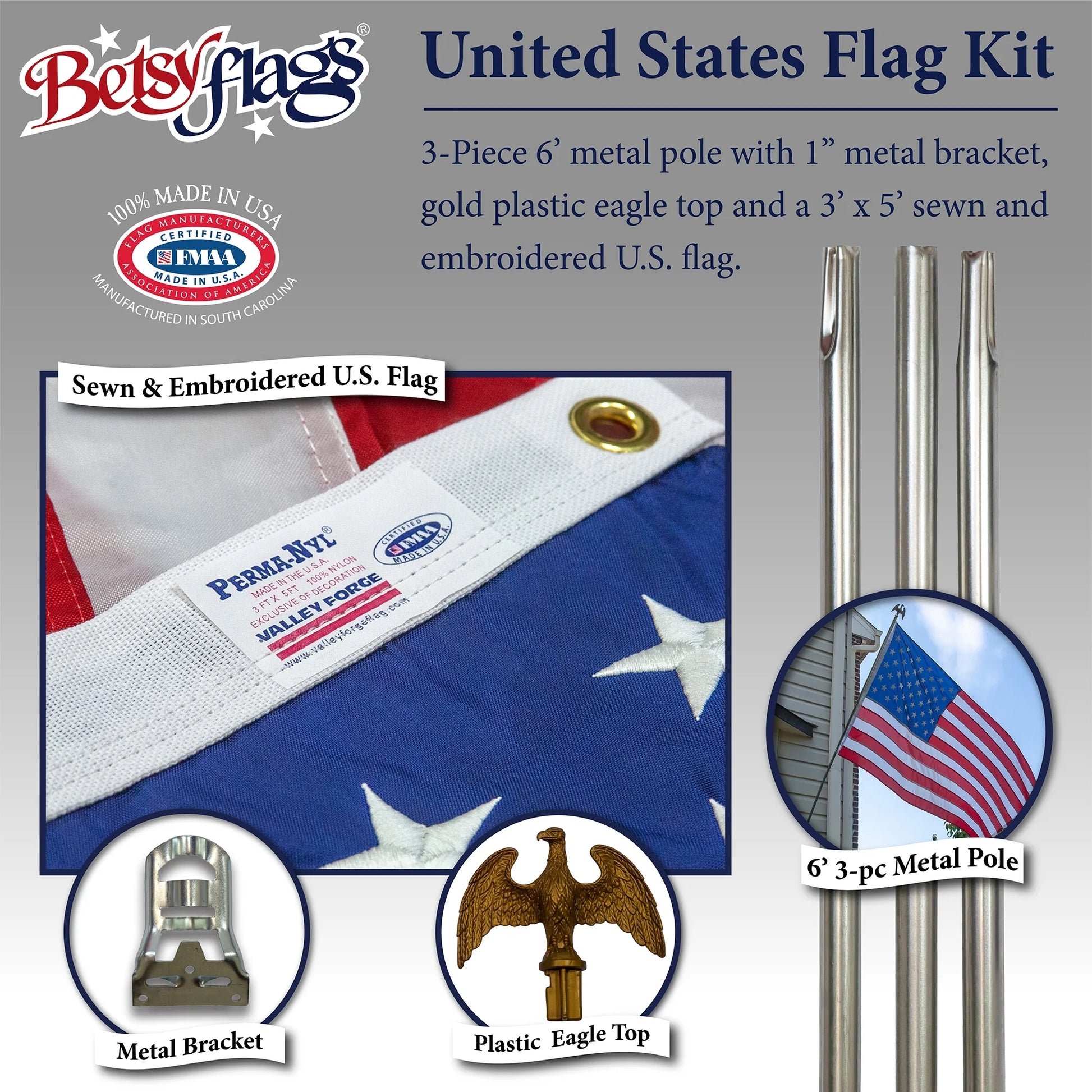 6 Ft. Steel Flagpole  American Flag Kit, Sewn Nylon Flag, Grommeted, Silver