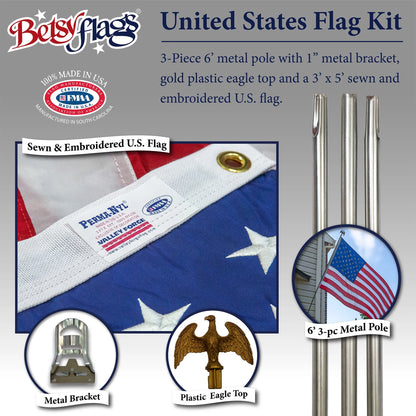 6 Ft. Steel Flagpole  American Flag Kit, Sewn Nylon Flag, Grommeted, Silver