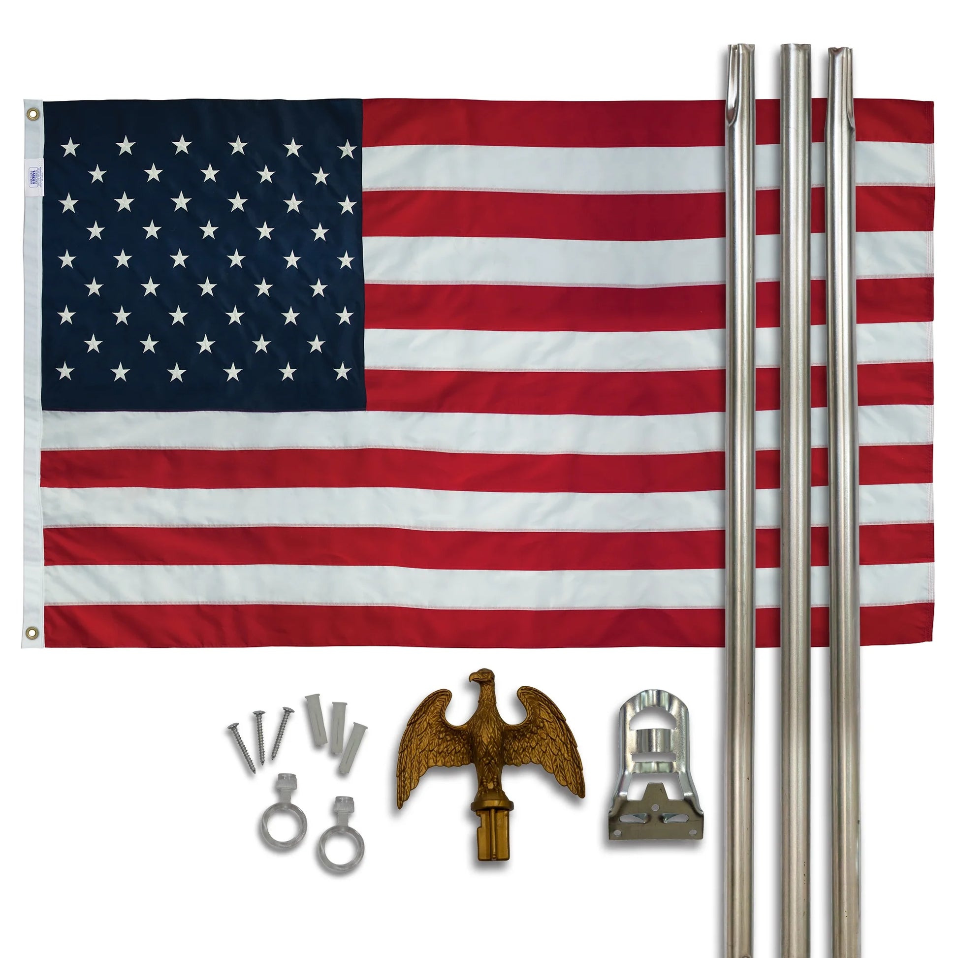 6 Ft. Steel Flagpole  American Flag Kit, Sewn Nylon Flag, Grommeted, Silver