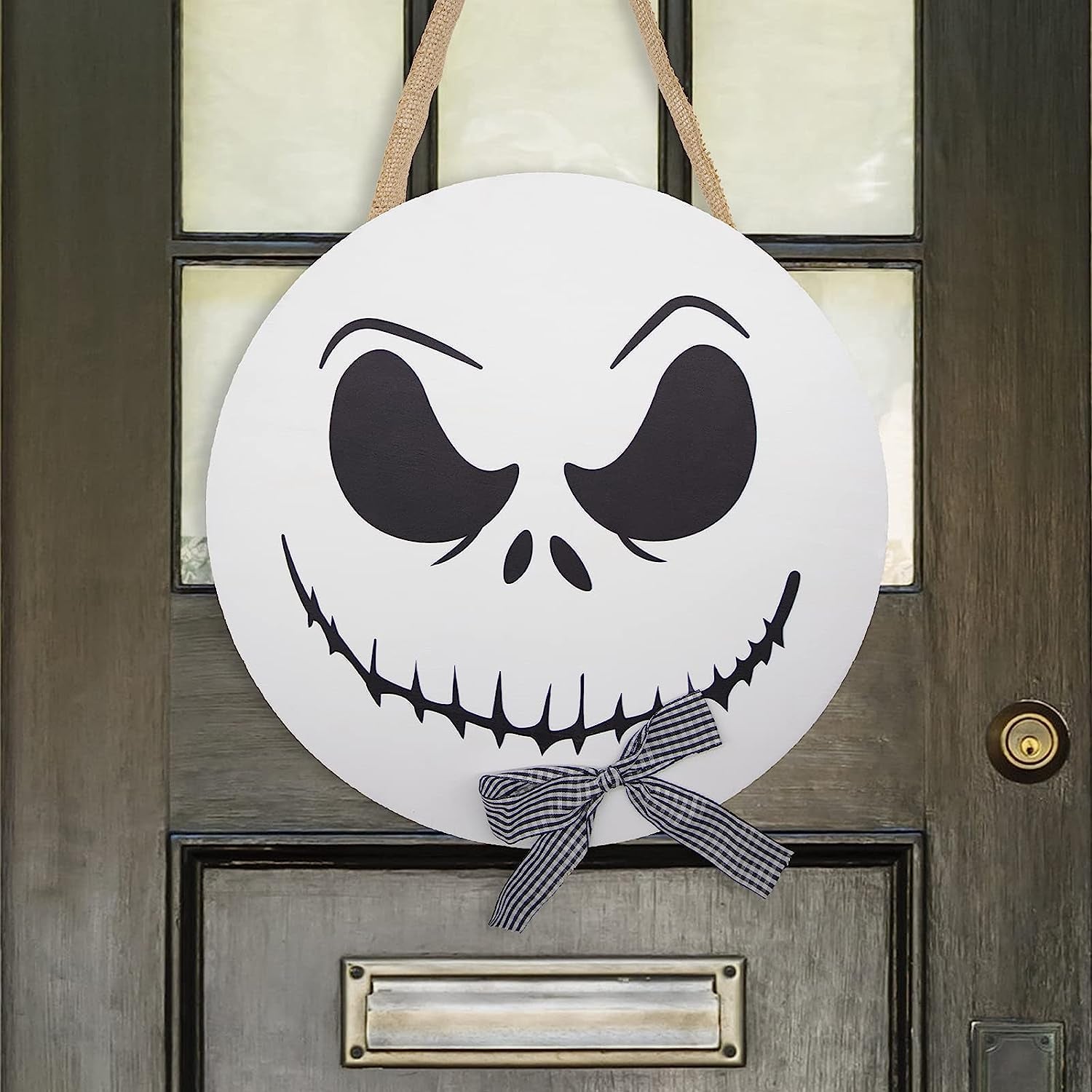 Halloween Decorations - 12'' Wooden Jack Skellington Door Hanger - Halloween Welcome Sign for Front Door - Halloween Wreath - Farmhouse Halloween Decor
